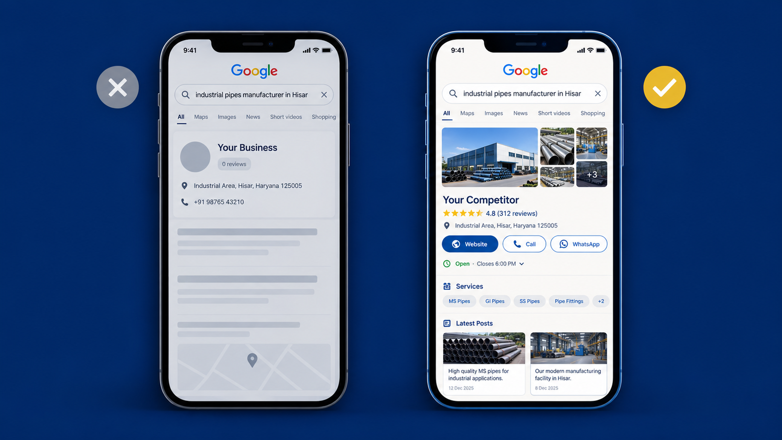 Google search result comparison: incomplete business profile versus complete business profile