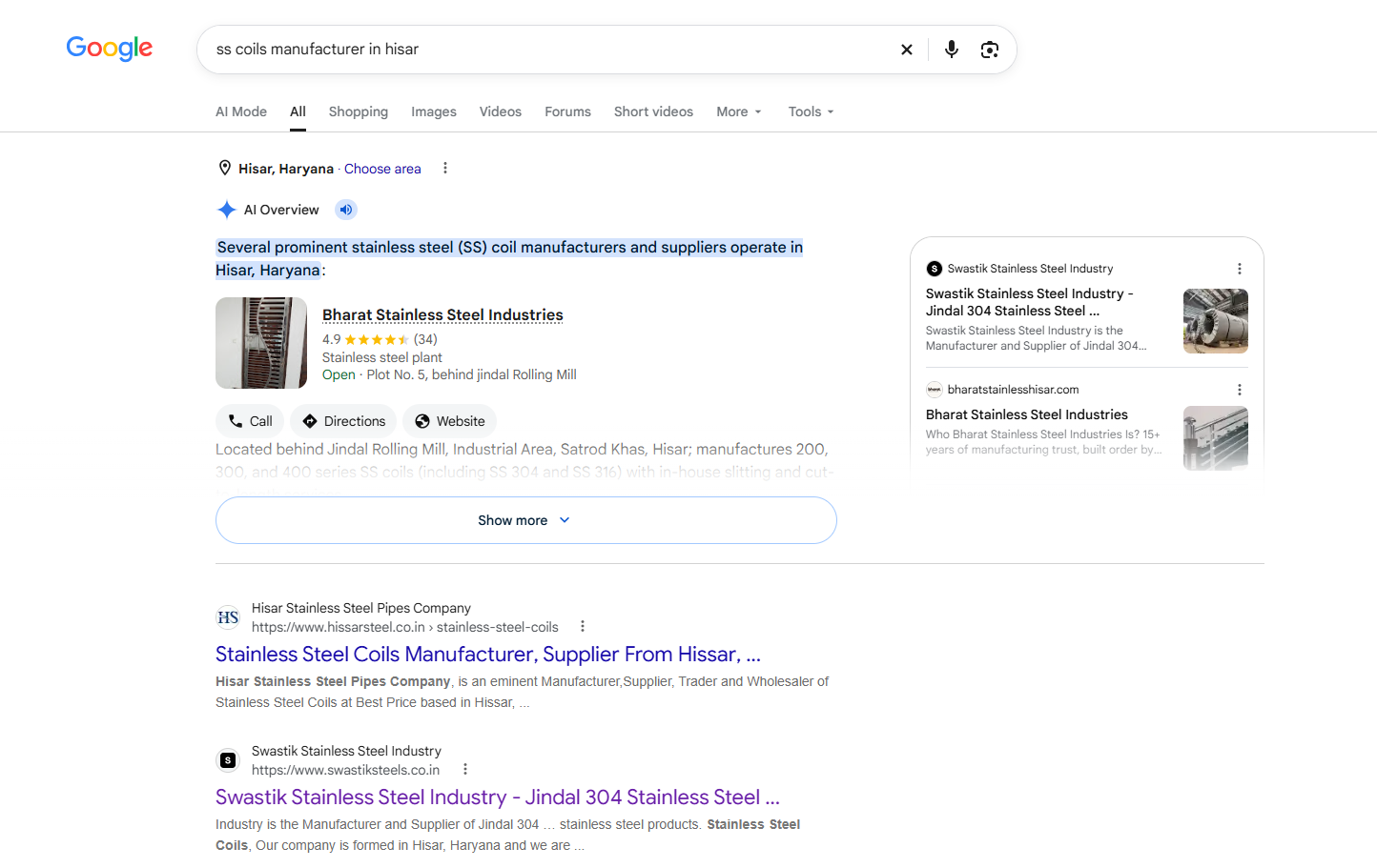 Google search for ss coils manufacturer in hisar showing Bharat Stainless Steel Industries first in AI Overview