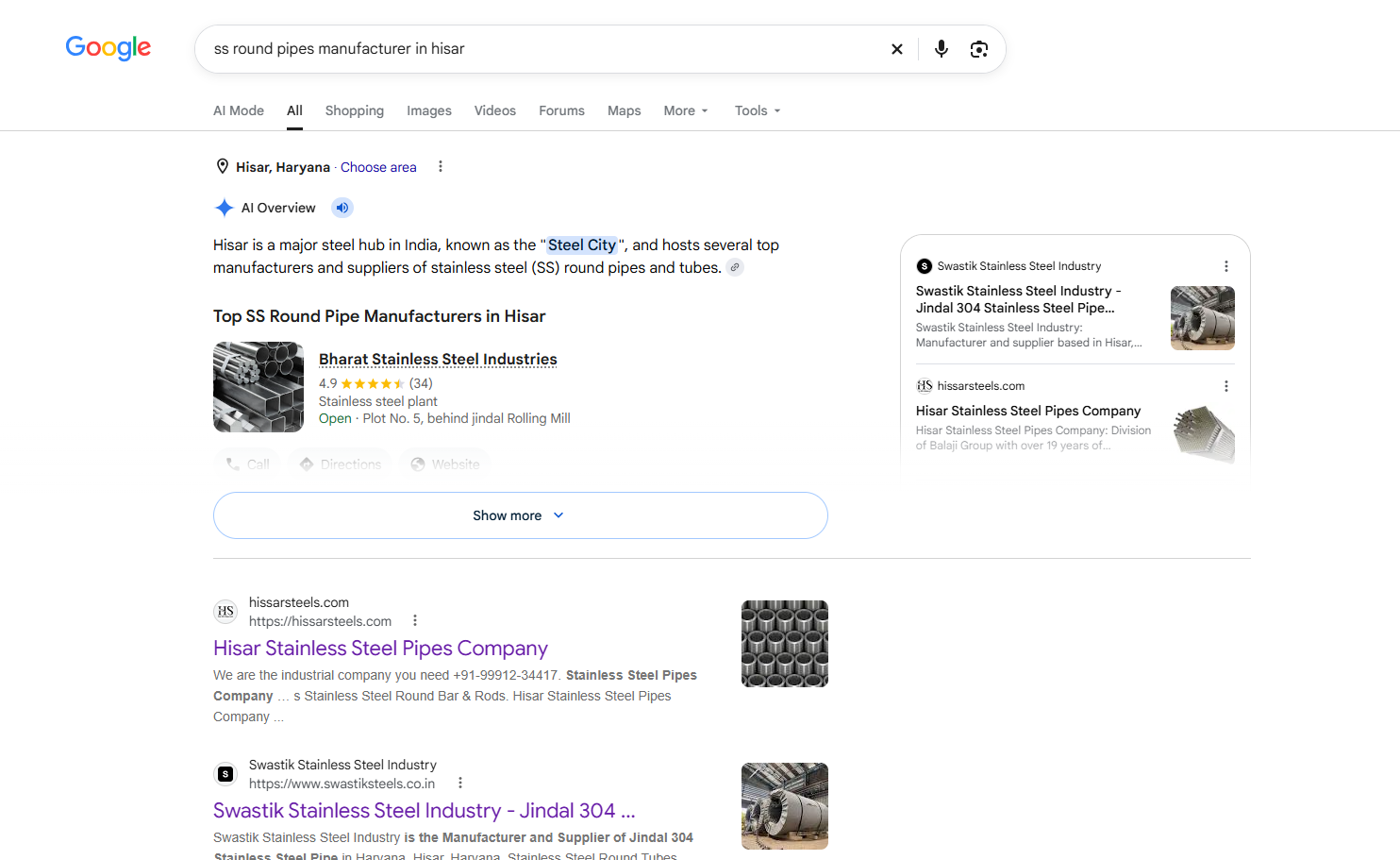 Google search for ss round pipes manufacturer in hisar showing Bharat Stainless Steel Industries first in AI Overview