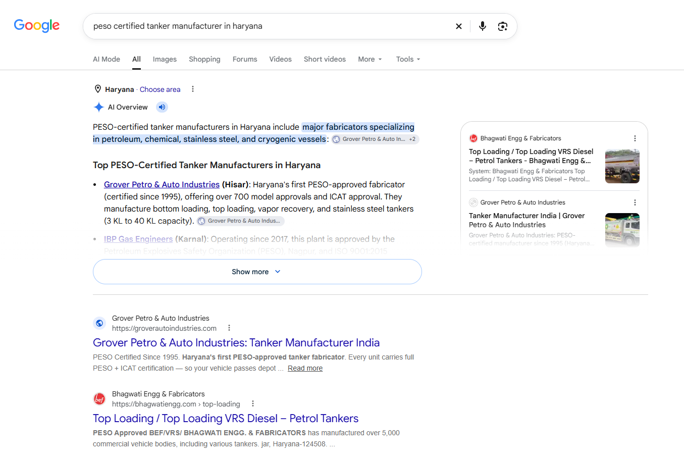 Google search for peso certified tanker manufacturer in haryana showing Grover Petro first