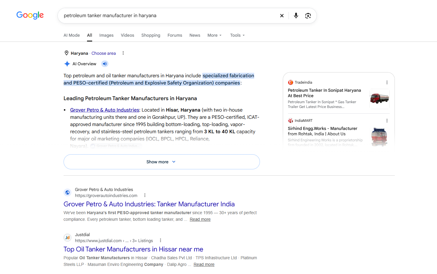 Google search for petroleum tanker manufacturer in haryana showing Grover Petro first